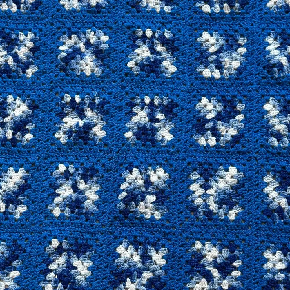 Handmade Blue &White Granny Square Crochet Afghan Throw Blanket 49'x42